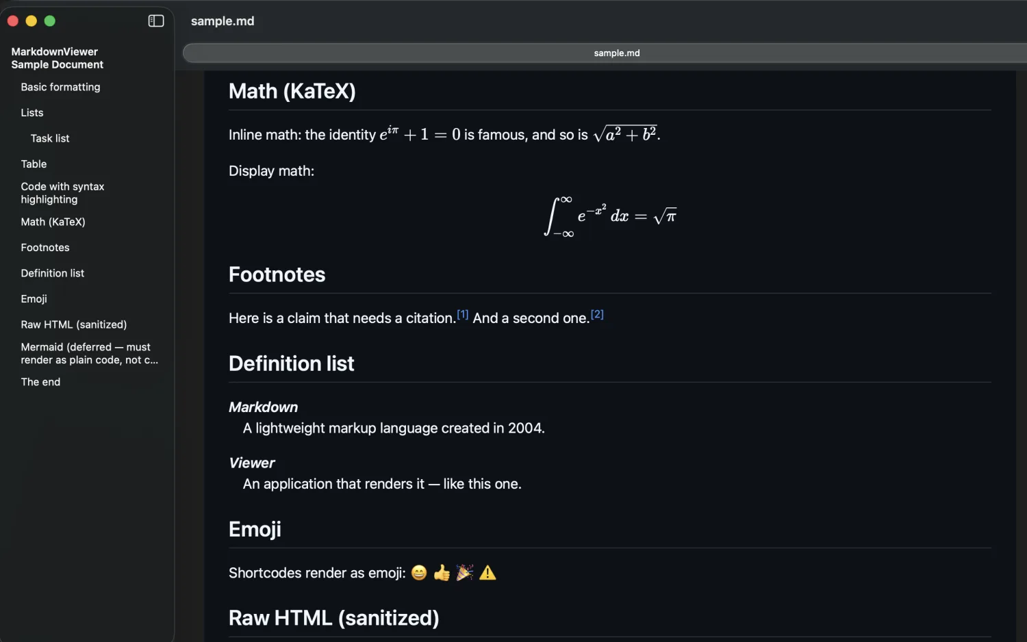 EmDeeTool rendering a Markdown document with KaTeX math, footnotes and a table-of-contents sidebar in dark mode on macOS.